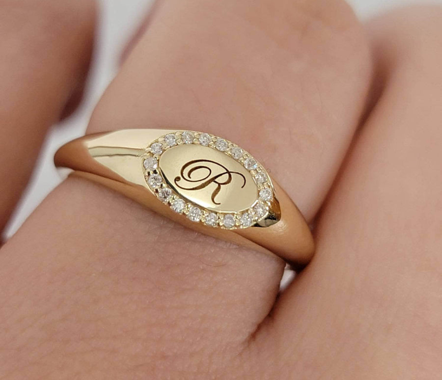 Solid gold and diamond signet yellow gold